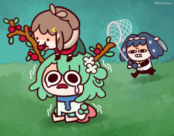 Rule 34 | 3girls, antlers, berry, blue hair, branch, brown hair, butterfly net, ceres fauna, chibi, commentary, crying, crying with eyes open, eating, english commentary, feathers, flower, grass, green hair, hair flower, hair intakes, hair ornament, hand net, headband, hololive, hololive english, horns, keenbiscuit, multiple girls, nanashi mumei, nervous sweating, ouro kronii, outdoors, short hair, sitting, standing on person, sweat, sweatdrop, tears, trembling, twitter username, virtual youtuber
