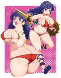 Rule 34 | 1girl, armlet, armpits, ass, athena (series), bikini, blush, breasts, butt crack, cleavage, commentary request, covered erect nipples, cowboy shot, curvy, fighting stance, flip-flops, from behind, full body, gem, gladiator sandals, gradient background, highres, holding, holding shield, holding sword, holding weapon, kawacchi hirohiro, large breasts, long hair, looking at viewer, looking back, multiple views, navel, pink background, plump, pointing sword, princess athena, purple eyes, purple hair, red bikini, sandals, scared, shield, sideboob, skindentation, sweat, swimsuit, sword, tears, thighs, tiara, very sweaty, weapon