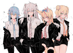 Rule 34 | 4girls, absurdres, ahoge, animal ears, arm on another&#039;s shoulder, black hair, black jacket, black pants, black shorts, black suit, black thighhighs, blonde hair, blouse, blue bow, blue eyes, blue hair, blue necktie, bow, breasts, closed mouth, collared shirt, cowboy shot, double bun, dress shirt, expressionless, flower, formal, fox ears, gloves, green eyes, grey hair, hair between eyes, hair bow, hair bun, hair flower, hair ornament, hand in pocket, heart, heart ahoge, high-waist shorts, highres, hololive, jacket, jitome, kakult2017, light blue hair, lion ears, long hair, looking at viewer, medium breasts, momosuzu nene, multicolored hair, multiple girls, necktie, nepolabo, off shoulder, omaru polka, open clothes, open jacket, orange necktie, pant suit, pants, partially unbuttoned, pink eyes, pink hair, pointy ears, purple necktie, red necktie, shirt, shirt tucked in, shishiro botan, short shorts, shorts, side-by-side, simple background, streaked hair, suit, thighhighs, two side up, virtual youtuber, white background, white gloves, white shirt, wing collar, yellow eyes, yukihana lamy, zettai ryouiki