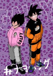 Rule 34 | alternate costume, artist name, black hair, bone, dog, dragon ball, dragonball z, full body, hands in pockets, highres, hood, hoodie, looking at viewer, male focus, multicolored clothes, multicolored hoodie, nekojitanx, purple background, size difference, son goku, spiked hair, standing, translation request, vegeta