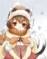 Rule 34 | 1226 waka, 1girl, animal ears, blush, brown hair, capelet, cat ears, cat tail, chen, closed mouth, coat, dated, earrings, fur-trimmed capelet, fur-trimmed coat, fur-trimmed gloves, fur-trimmed headwear, fur-trimmed skirt, fur-trimmed sleeves, fur trim, gloves, gradient background, grey background, hands up, hat, highres, jewelry, looking at viewer, mittens, multiple tails, nekomata, plaid, plaid scarf, pom pom (clothes), red eyes, red ribbon, ribbon, scarf, simple background, skirt, snow on face, snowflakes, solo, tail, touhou, two tails, upper body