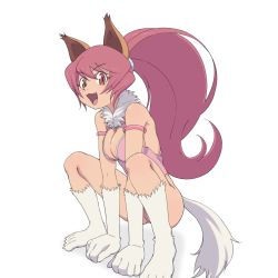 Rule 34 | 1girl, :d, animal ears, animal hands, breasts, cat ears, cat tail, cleavage, cleavage cutout, clothing cutout, foot out of frame, highres, kaien advance, large breasts, leotard, long hair, looking at viewer, medium breasts, open mouth, perisie (star ocean), pink hair, ponytail, red eyes, simple background, smile, solo, star ocean, star ocean first departure, tail, white background
