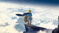 Rule 34 | 1boy, above clouds, belt, belt pouch, blonde hair, blue cape, blue pants, blue shirt, boots, brown footwear, cape, cliff, cloud, from above, knee boots, link, mountain, mountainous horizon, nin0019, nintendo, outdoors, pants, pointy ears, pouch, scenery, shirt, short hair, short ponytail, sky, solo, standing, the legend of zelda, wide shot