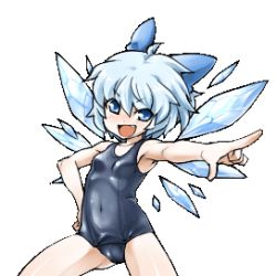 Rule 34 | 1girl, :d, black school swimsuit, blue eyes, blue hair, bow, cirno, covered navel, fang, hair bow, hand on own hip, lowres, matching hair/eyes, navel, oekaki, one-piece swimsuit, open mouth, phenne, pointing, school swimsuit, short hair, smile, solo, swimsuit, touhou, transparent background, wings