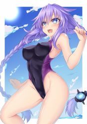 Rule 34 | 1girl, bare arms, bare shoulders, blush, braid, breasts, competition swimsuit, covered navel, covered erect nipples, highres, kazuneko (wktk1024), long hair, medium breasts, neptune (series), one-piece swimsuit, open mouth, purple eyes, purple hair, purple heart (neptunia), smile, swimsuit, symbol-shaped pupils, twin braids, very long hair
