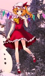 Rule 34 | 1girl, blonde hair, dress, embodiment of scarlet devil, female focus, flandre scarlet, flat chest, full body, gradient background, nature, photo background, plant, red eyes, regnad, self-upload, sky, snowman, solo, touhou, wings