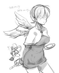 Rule 34 | 2girls, breasts, breath of fire, breath of fire iv, brooch, closed mouth, dress, fairy (breath of fire), feathered wings, greyscale, hairband, jewelry, looking at viewer, lowres, medium breasts, monochrome, multiple girls, nina (breath of fire iv), short hair, simple background, skirt, very short hair, white background, wings