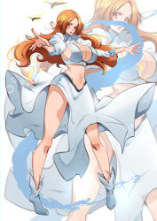 Rule 34 | 1girl, alternate breast size, animahakim, bird, black bird, bleach, bleach: sennen kessen-hen, breasts, cleavage, clothing request, commentary request, dress, food, forehead, fruit, full body, hair ornament, huge breasts, inoue orihime, large breasts, legs apart, long hair, looking at viewer, lower teeth only, midriff, navel, orange eyes, orange hair, outstretched arms, outstretched hand, parted lips, peach, simple background, teeth, white background, white dress, white footwear