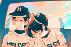 Rule 34 | 2boys, artist name, baseball cap, baseball uniform, black hair, brothers, cloud, crossed arms, day, dirty, dirty clothes, hat, head on another&#039;s shoulder, highres, indoors, male focus, mix (manga), multiple boys, open mouth, outdoors, saliva, short hair, siblings, sitting, sportswear, step-brothers, tachibana souichiro, tachibana touma, white hair, yonban (pls type urname)