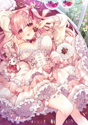 Rule 34 | 1girl, :p, blush, bow, braid, breasts, brown jacket, candy, chocolate, chocolate heart, closed mouth, commentary request, dress, feet out of frame, food, frilled dress, frills, hair bow, heart, highres, holding, holding food, jacket, large breasts, long hair, long sleeves, open clothes, open jacket, original, pantyhose, pink hair, puffy long sleeves, puffy sleeves, red bow, red eyes, ringo sui, smile, solo, stuffed animal, stuffed rabbit, stuffed toy, tongue, tongue out, two side up, very long hair, white dress, white pantyhose