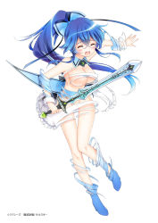 Rule 34 | 1girl, > <, bad id, bad pixiv id, blue hair, blush, breasts, cleavage, closed eyes, convenient censoring, d:, dissolving clothes, dx, full body, groin, highres, holding, holding sword, holding weapon, kiyose aoba, legs, masou eishou battlestar, mottsun, no bra, no panties, official art, open mouth, original, ponytail, round teeth, simple background, sword, teeth, thighs, underboob, watermark, weapon, white background, wince