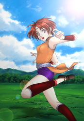 Rule 34 | 1girl, bare shoulders, chinese clothes, emily (suikoden), female focus, gensou suikoden, gensou suikoden iii, nature, open mouth, outdoors, purple eyes, red hair, short hair, shorts, sky, solo, tiara, yumi (pixiv275460)