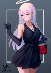 Rule 34 | 1girl, angel girl (shimmer), artist name, bag, black dress, black gloves, blue eyes, breasts, cleavage, closed mouth, dress, elbow gloves, gloves, grey background, highres, looking away, looking to the side, medium breasts, original, shimmer, shoulder bag, signature, sleeveless, sleeveless dress, solo, white hair