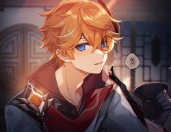 Rule 34 | 1boy, ?, aononchi, black gloves, blue eyes, blush, commentary request, cup, earrings, genshin impact, gloves, hair between eyes, highres, holding, holding cup, indoors, jacket, jewelry, male focus, mask, mask on head, orange hair, parted lips, red scarf, sakazuki, scarf, signature, single earring, solo, spoken question mark, tartaglia (genshin impact), upper body