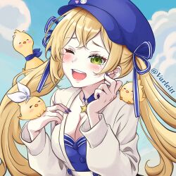 Rule 34 | 1girl, blonde hair, blue dress, blue hat, blue nails, blush, breasts, choker, cleavage, cloud, day, dokibird (vtuber), dragoon (dokibird), dress, green eyes, hat, highres, indie virtual youtuber, jacket, long sleeves, medium breasts, open mouth, outdoors, sky, smile, solo, tears, twintails, twitter username, upper body, varliet, virtual youtuber, white jacket