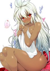 Rule 34 | ..., 10s, 1girl, ahoge, blush, collarbone, covering privates, dark-skinned female, dark skin, granblue fantasy, highres, holding, long hair, looking away, naked towel, nose blush, nude cover, red eyes, simple background, sitting, solo, spoken ellipsis, towel, trembling, twitter username, unadon, white background, white hair, zooey (granblue fantasy)