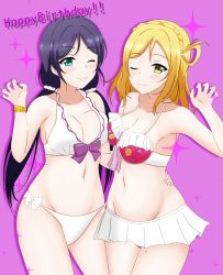 Rule 34 | 10s, 2girls, :3, absurdres, aqua eyes, armpits, asymmetrical docking, bare shoulders, bikini, bikini skirt, blonde hair, blush, braid, breast press, breasts, cleavage, closed mouth, frills, groping motion, happy birthday, highres, large breasts, long hair, looking at viewer, love live!, love live! school idol project, love live! sunshine!!, medium breasts, miya anko, multiple girls, navel, ohara mari, one eye closed, pink background, purple hair, simple background, smile, sparkle, standing, swimsuit, tojo nozomi, twintails, wink, yellow eyes