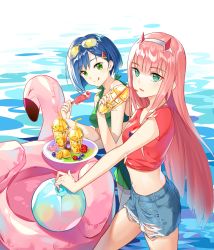 Rule 34 | 10s, 2girls, :d, aviator sunglasses, bare shoulders, bikini, bikini top only, blue hair, blush, breasts, crop top, cup, darling in the franxx, denim, denim shorts, eating, floatation devices, food, fruit, green skirt, hair ornament, highres, holding, holding cup, ichigo (darling in the franxx), in water, licking lips, long hair, looking at viewer, midriff, multiple girls, navel, open mouth, plate, popsicle, red hair, short hair, shorts, skirt, small breasts, smile, sunglasses, sunglasses on head, swimsuit, thighs, tongue, tongue out, torn clothes, torn shorts, wading, watermelon, xingxiang senlin, zero two (darling in the franxx)