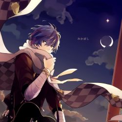 Rule 34 | 1boy, akiyoshi (tama-pete), bandaged arm, bandages, blue eyes, blue hair, hand up, kaito (vocaloid), male focus, mikaboshi (vocaloid), moon, night, night sky, scarf, scarf over mouth, short hair, sky, sleeves rolled up, solo, vocaloid