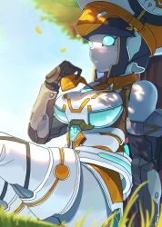 1girl bare_shoulders blue_eyes blurry blurry_background breasts colored_skin leaf medium_breasts on_grass outdoors phantasy_star phantasy_star_online_2 robot_girl sankaku_t2 sitting solo tree white_skin