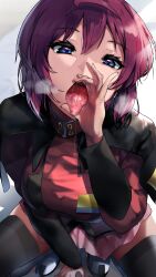 Rule 34 | 1girl, ahoge, blue eyes, breasts, fellatio gesture, from above, gundam, gundam seed, gundam seed destiny, highres, large breasts, looking at viewer, lunamaria hawke, military, military uniform, nonohachi, open mouth, pink skirt, purple hair, short hair, skirt, solo, squatting, thighhighs, tongue, tongue out, uniform