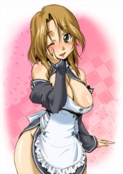 Rule 34 | 1girl, apron, bare shoulders, blush, breasts, brown hair, cleavage, curvy, detached sleeves, dream c club, dream c club (series), face, futaba riho, green eyes, hand on own face, hip focus, kikkawa kabao, large breasts, lips, no panties, one eye closed, side slit, solo, waitress, wide hips, wink