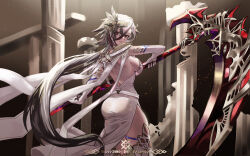 Rule 34 | 1girl, absurdres, alternate costume, arlecchino (genshin impact), ass, back, backless dress, backless outfit, black eyes, black hair, breasts, dress, genshin impact, hair between eyes, highres, holding, holding scythe, large breasts, long hair, long sleeves, looking at viewer, looking back, multicolored hair, red eyes, red pupils, scythe, short hair, sideboob, solo, streaked hair, symbol-shaped pupils, two-tone hair, walnut 1477, white dress, white hair, x-shaped pupils
