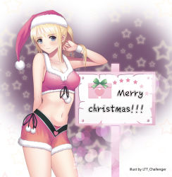 Rule 34 | 1girl, artist name, bad id, bad pixiv id, blonde hair, blue eyes, box, breasts, christmas, cleavage, crop top, english text, covered erect nipples, gift, gift box, hat, highres, long hair, looking at viewer, ltt challenger, merry christmas, midriff, navel, original, ponytail, santa costume, santa hat, short shorts, shorts, sign, solo, stomach, taut clothes, tony taka (style), wristband