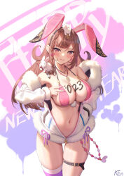 Rule 34 | 1girl, 2023, absurdres, animal, animal ears, animal on head, artist name, bare shoulders, bikini, bikini top only, black hairband, blush, braid, breasts, chinese zodiac, cleavage, closed mouth, collarbone, cowboy shot, earrings, fake animal ears, fur-trimmed sleeves, fur trim, gradient background, hairband, hand in pocket, highres, jacket, jewelry, ken-san, large breasts, long sleeves, looking at viewer, navel, necklace, on head, open clothes, open jacket, original, pink background, pink bikini, purple background, purple thighhighs, rabbit, rabbit ears, rabbit on head, rabbit on shoulder, red eyes, skindentation, smile, solo, swimsuit, thigh gap, thighhighs, v, white jacket, year of the rabbit