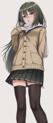 Rule 34 | 1girl, absurdres, bad id, bad twitter id, black thighhighs, blush, buttons, cardigan, feet out of frame, green hair, hair between eyes, highres, long hair, looking at viewer, open mouth, original, pleated skirt, red eyes, scarf, school uniform, simple background, skirt, sleeves past wrists, solo, thighhighs, white scarf, yakob labo