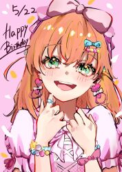 Rule 34 | 1girl, :d, aqua eyes, bead bracelet, beads, blush, bow, bow hairband, bracelet, commentary request, cross-laced clothes, cross-laced dress, crossed bangs, dated, dress, earrings, hair ornament, hairband, hairclip, happy birthday, happy shijo shugi! (love live!), heart, heart earrings, highres, hinoshita kaho, jewelry, link! like! love live!, looking at viewer, love live!, medium hair, oihlf, open mouth, orange hair, pink background, pink bow, pink dress, revision, short sleeves, smile, solo, teeth, two side up, upper body, upper teeth only, virtual youtuber