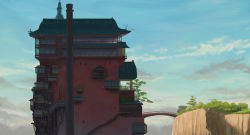 Rule 34 | absurdres, bad id, bad pixiv id, balcony, bathhouse, blue sky, bridge, building, chimney, cliff, cloud, cloudy sky, commentary, day, highres, house, no humans, outdoors, qs2435, scenery, sen to chihiro no kamikakushi, sky, stairs, tree