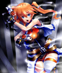 Rule 34 | 00s, 1girl, bare shoulders, blue eyes, breasts, cross mirage, dual wielding, female focus, gao (naodayo), gun, hair ribbon, holding, large breasts, lyrical nanoha, mahou shoujo lyrical nanoha, mahou shoujo lyrical nanoha strikers, orange hair, ribbon, skin tight, solo, teana lanster, thighhighs, twintails, vest, weapon, zettai ryouiki