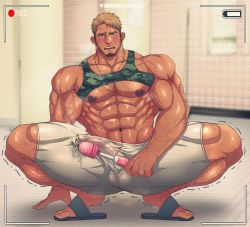 Rule 34 | 1boy, abs, bara, blonde hair, blush, body hair, bulge, camera, crotch, cum, drooling, erection, facial hair, feet, full body, male focus, muscular, original, penis, recording, saliva, sandals, sex toy, sweat, testicles, toes, toto (artist)