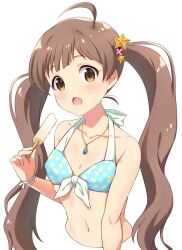 Rule 34 | 1girl, ahoge, bare shoulders, bikini, blue bikini, blush, breasts, brown eyes, brown hair, cleavage, collarbone, cropped torso, dot nose, food, front-tie bikini top, front-tie top, goma konbu, hair ornament, hakozaki serika, hand up, highres, holding, holding food, holding popsicle, idolmaster, idolmaster million live!, idolmaster million live! theater days, jewelry, long hair, looking at viewer, navel, necklace, open mouth, polka dot, polka dot bikini, popsicle, simple background, small breasts, solo, star (symbol), star hair ornament, sweat, swimsuit, twintails, very long hair, white background