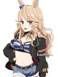 Rule 34 | 1girl, :d, animal ears, bandeau, belt, black belt, black choker, black jacket, blonde hair, blue bow, blue eyes, blush, bow, breasts, choker, cleavage, commentary request, cowboy shot, cutoffs, denim, denim shorts, ear bow, gold city (umamusume), hand on own hip, highres, horse ears, jacket, long hair, long sleeves, looking at viewer, midriff, navel, open clothes, open jacket, open mouth, osakana (osakana sakasa), partial commentary, short shorts, shorts, simple background, small breasts, smile, solo, standing, stomach, strapless, striped bandeau, tube top, umamusume, white background