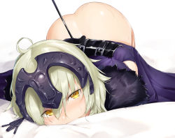 Rule 34 | 1girl, ahoge, arms behind back, ass, bdsm, bed sheet, bondage, bottomless, bound, bound arms, buckle, dabuki, dress, fate/grand order, fate (series), fur collar, grey hair, hair between eyes, headpiece, jeanne d&#039;arc (fate), jeanne d&#039;arc alter (avenger) (fate), jeanne d&#039;arc alter (fate), leash, looking at viewer, medium hair, purple dress, shiny skin, simple background, solo, sweat, top-down bottom-up, white background, yellow eyes