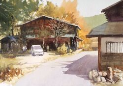 Rule 34 | bush, car, commentary request, day, forest, house, motor vehicle, nara watercolor, nature, no humans, original, painting (medium), shadow, sunlight, traditional media, tree, watercolor (medium), window