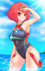 Rule 34 | 1girl, absurdres, arm up, beach, breasts, cloud, competition swimsuit, gem, hair ornament, hand on leg, headpiece, highres, jewelry, naga no chahua hui, nintendo, ocean, one-piece swimsuit, pyra (xenoblade), red eyes, red hair, short hair, sky, smile, swimsuit, tiara, water, xenoblade chronicles (series), xenoblade chronicles 2