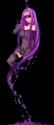 Rule 34 | 1girl, blindfold, breasts, dress, facial mark, fate/stay night, fate (series), female focus, forehead mark, highres, long hair, luperce, medusa (fate), medusa (rider) (fate), purple hair, simple background, solo, strapless, strapless dress, thighhighs, very long hair