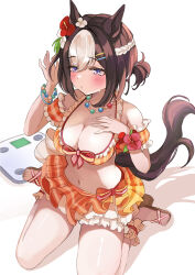 Rule 34 | 1girl, animal ears, blush, breasts, cleavage, commentary request, flower, hair flower, hair ornament, hanamura pink, hand on own chest, highres, horse ears, horse girl, horse tail, jewelry, looking at viewer, medium breasts, medium hair, navel, necklace, sandals, seiza, sitting, solo, special week (hopping vitamin heart) (umamusume), special week (umamusume), sweat, swimsuit, tail, umamusume, weighing scale, white background