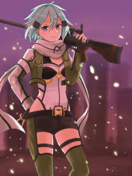 Rule 34 | 1girl, absurdres, anti-materiel rifle, black gloves, black shorts, blue eyes, blue hair, blurry, blurry background, bolt action, breasts, cleavage, closed mouth, fingerless gloves, garter straps, gloves, green thighhighs, gun, hair between eyes, hair ornament, hairclip, hand on own hip, highleg, highleg leotard, highres, holding, holding gun, holding weapon, leotard, naluuu, over shoulder, pgm hecate ii, scarf, short hair, short shorts, shorts, sinon, small breasts, smile, solo, standing, sword art online, thighhighs, weapon, weapon over shoulder, white leotard, white scarf