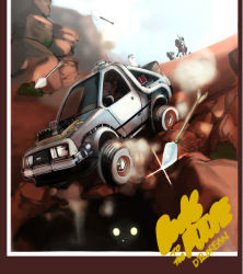Rule 34 | 1boy, arrow (projectile), back to the future, brown hair, bush, car, clenched teeth, closed eyes, delorean, driving, hamuji, horse, marty mcfly, motor vehicle, native american, outdoors, rock, teeth, time machine, vehicle focus
