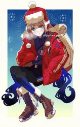 Rule 34 | 1boy, :o, backpack, bag, black shorts, blue background, blue eyes, blue hair, blue pantyhose, blue shirt, blunt bangs, blush, boots, border, breath, brown footwear, brown hair, captain nemo (fate), commentary request, cross-laced footwear, down jacket, fanny pack, fate/grand order, fate (series), full body, fur-trimmed headwear, fur-trimmed jacket, fur hat, fur trim, gradient background, gradient legwear, hands in pockets, hat, highres, jacket, long hair, long sleeves, looking at viewer, low twintails, male focus, nemo (fate), nemo (santa) (fate), open clothes, open jacket, outside border, pantyhose, pantyhose under shorts, polo shirt, pom pom (clothes), puffy long sleeves, puffy sleeves, red hat, red jacket, sashikomi, shirt, shorts, sidelocks, sitting, solo, star (symbol), twintails, twitter username, ushanka, very long hair, white border