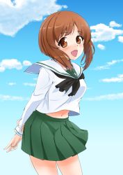 Rule 34 | 1girl, :d, abimaru gup, arm behind back, black neckerchief, blouse, blue sky, brown eyes, brown hair, cloud, cloudy sky, commentary request, day, girls und panzer, green skirt, hand on own arm, highres, long sleeves, looking at viewer, midriff peek, miniskirt, navel, neckerchief, nishizumi miho, ooarai school uniform, open mouth, outdoors, partial commentary, pleated skirt, sailor collar, school uniform, serafuku, shirt, short hair, skirt, sky, smile, solo, standing, white sailor collar, white shirt, wind