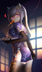 Rule 34 | 1girl, absurdres, alternate legwear, black gloves, black thighhighs, blurry, braid, carrying, china dress, chinese clothes, commentary request, depth of field, double bun, dress, eating, elbow gloves, from behind, genshin impact, gloves, hair between eyes, hair bun, hair ornament, heart, highres, keqing (genshin impact), long hair, looking at viewer, looking back, mouth hold, plate, purple dress, purple eyes, purple hair, sidelocks, single braid, skewer, solo, stpen, thighhighs, twintails, vision (genshin impact), window