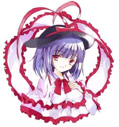 Rule 34 | 1girl, bad id, bad twitter id, blue hair, bow, breasts, cierra (ra-bit), frills, hat, hat bow, long sleeves, looking at viewer, nagae iku, portrait, ra-bit, red eyes, shawl, short hair, simple background, smile, solo, touhou, white background