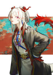 Rule 34 | 1girl, arknights, belt, black coat, braid, china dress, chinese clothes, coat, commentary, dress, earrings, hand on own hip, huanxiang heitu, jewelry, long hair, long sleeves, looking to the side, multicolored hair, necklace, nian (arknights), pointy ears, ponytail, red eyes, sidelocks, solo, streaked hair, symbol-only commentary, tail, tassel, tassel earrings, tongue, tongue out, white dress, white hair