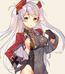 Rule 34 | 1girl, ahoge, azur lane, blush, breasts, covered navel, cross, eyelashes, hand on own hip, iron cross, long hair, looking at viewer, medium breasts, mole, mole on breast, parted lips, prinz eugen (azur lane), red eyes, shovelwell, sideboob, silver hair, solo, two side up