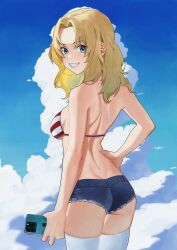 Rule 34 | 1girl, arched back, ass, back, bare arms, bare back, bare shoulders, bikini, blonde hair, blue eyes, blue shorts, blue sky, breasts, butt crack, cellphone, cloud, cowboy shot, cutoffs, denim, denim shorts, from behind, fukaumi suichu, girls und panzer, grin, hand on own hip, highres, holding, holding phone, iphone, kay (girls und panzer), long hair, looking at viewer, looking back, median furrow, medium breasts, micro shorts, parted bangs, phone, shorts, sky, smartphone, smile, solo, standing, string bikini, striped bikini, striped clothes, swimsuit, thighhighs, thighs, white thighhighs